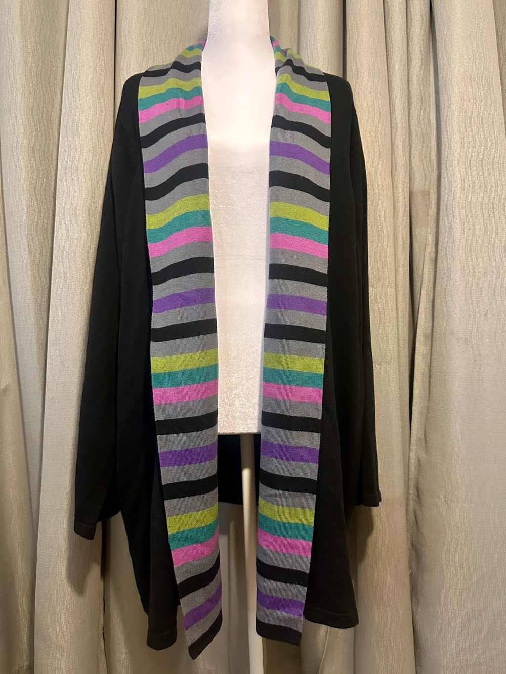 BOB MACKIE Wearable Art Open-front Long Duster Cardigan Black Multi Sz 3X LARGE
